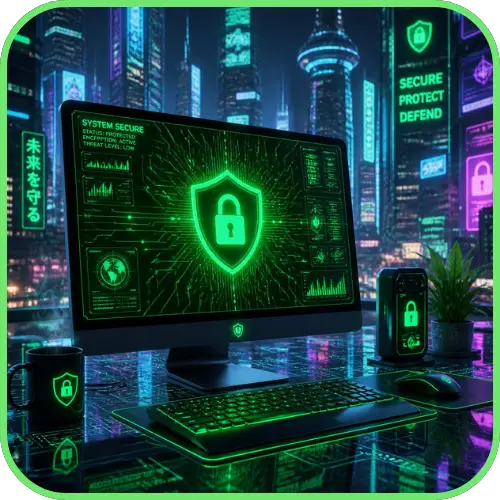 cybersecurity management using a desktop in neon colors