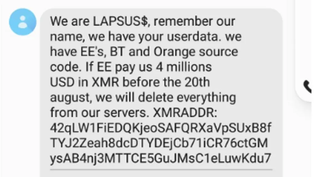 Lapsus$ message to EE's customers demanding ransom from the company.